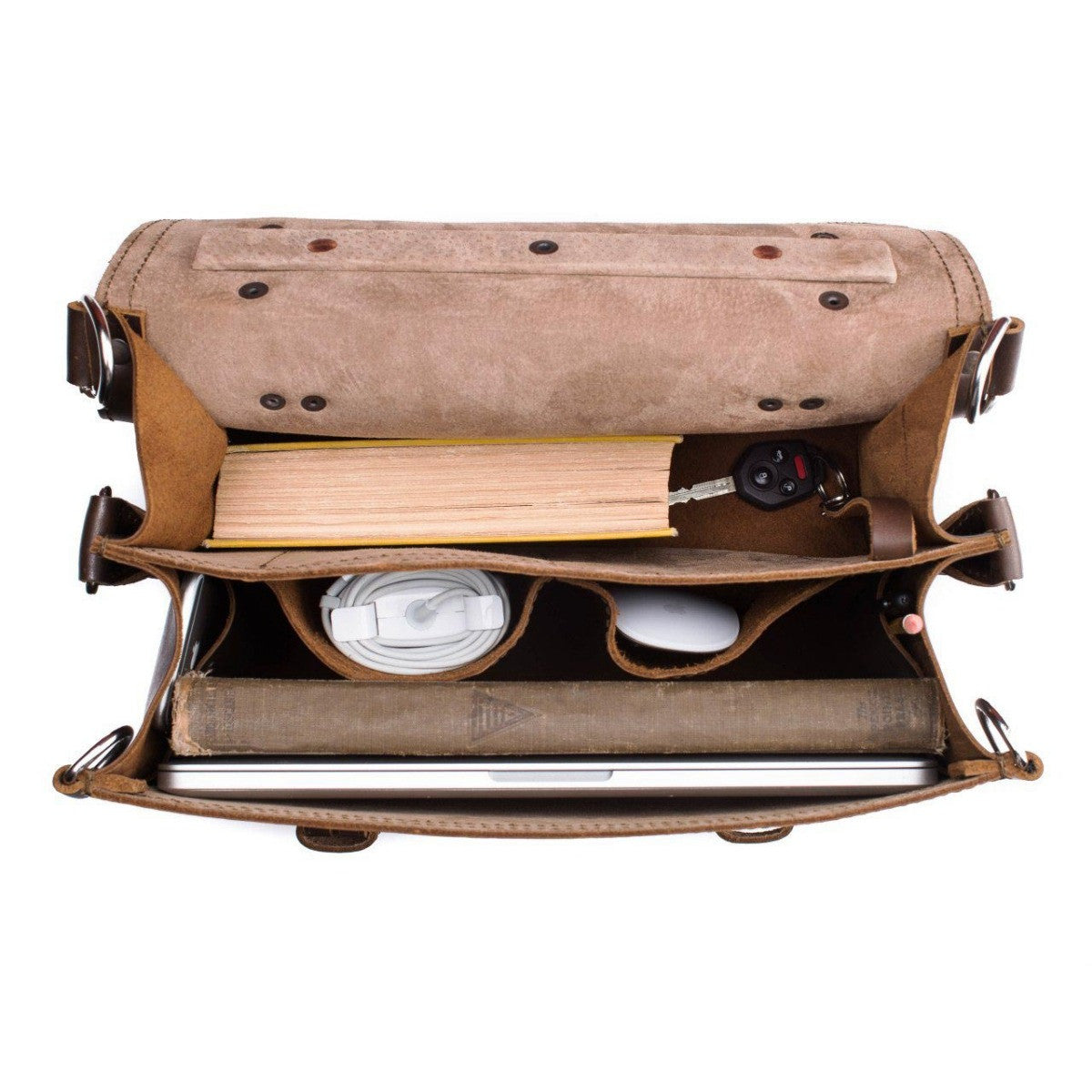 Large Classic Leather Briefcase in Dark Coffee Brown, top view open with books, laptop, mouse, cable and keys in its pockets