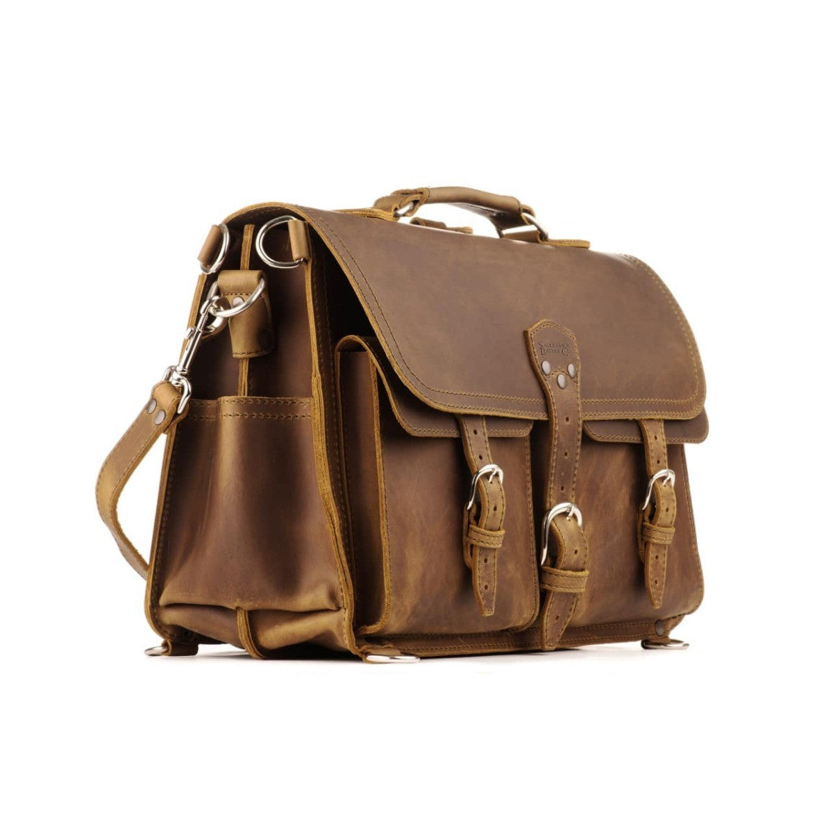 Front Pocket Leather Briefcase in Tobacco, angled front view with buckled front pockets, top handle and shoulder strap