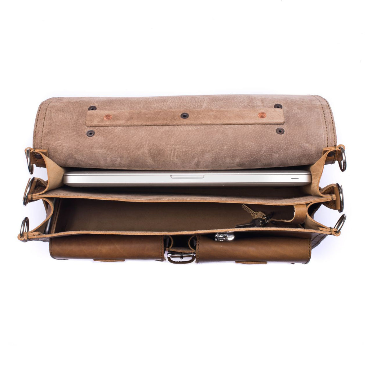Front Pocket Leather Briefcase in Tobacco, top view open showing a laptop and key leash inside