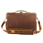Front Pocket Leather Briefcase in Tobacco, back view with shoulder strap, shoulder pad and luggage pass-through