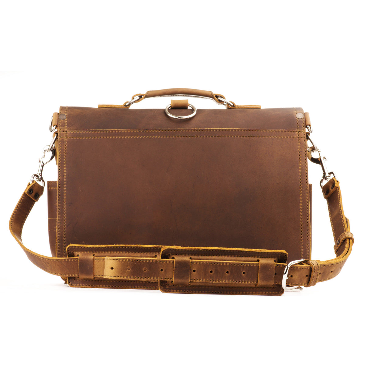 Front Pocket Leather Briefcase in Tobacco, back view with shoulder strap, shoulder pad and luggage pass-through