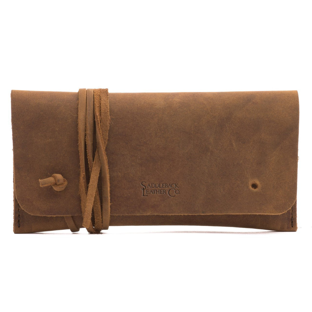 Cash & Receipt Bag in Tobacco, closed flap with wrapped leather tie and embossed logo, front view