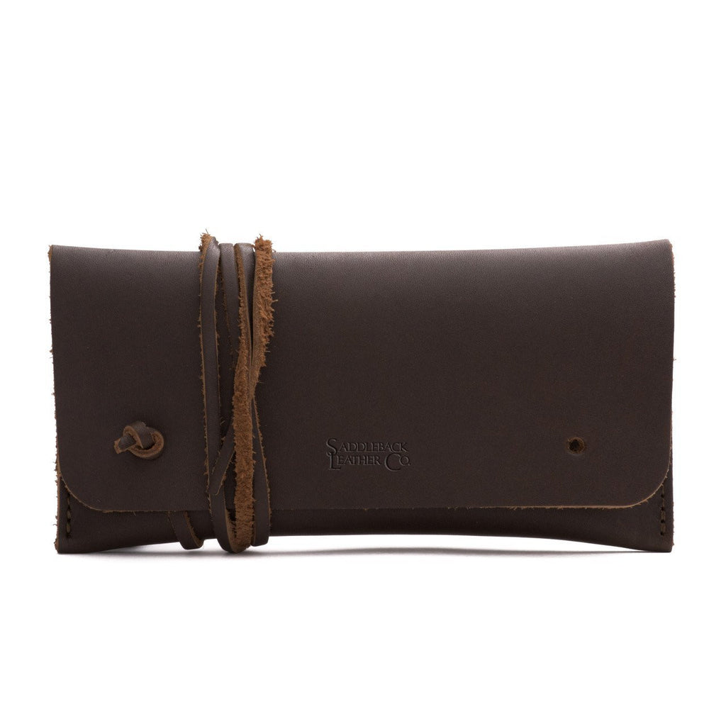 Cash & Receipt Bag in Dark Coffee Brown, closed flap with wrapped leather tie and embossed logo, front view