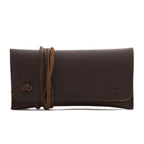 Cash & Receipt Bag in Dark Coffee Brown, closed flap with wrapped leather tie and embossed logo, front view