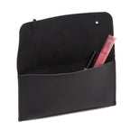 Cash & Receipt Bag in Black, flap open with a lip gloss and mascara tucked inside