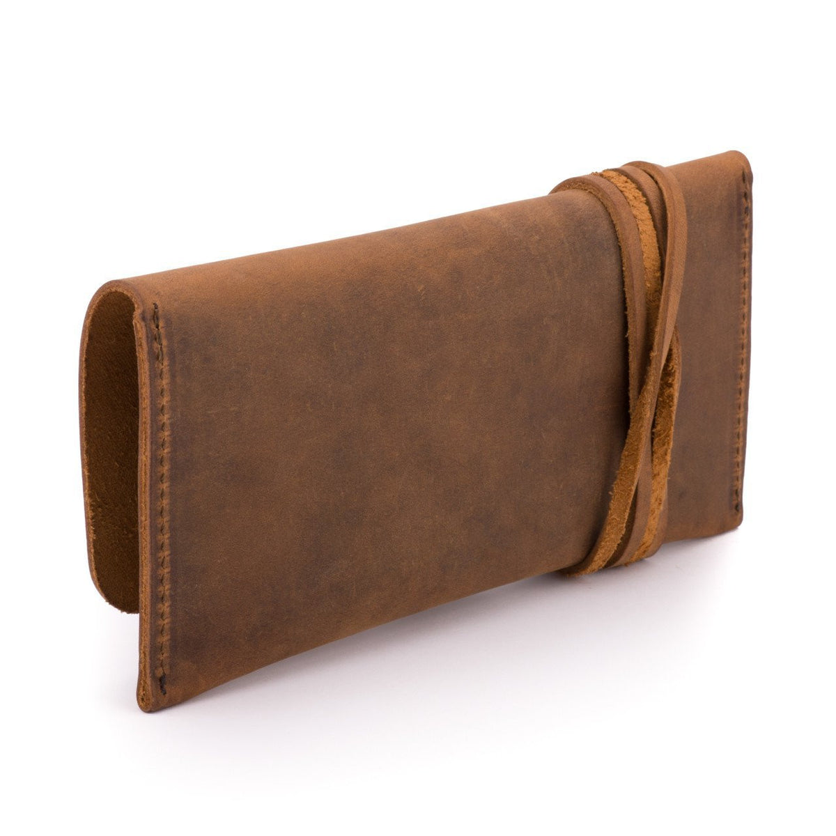 Cash & Receipt Bag in Tobacco, angled back view with wrapped leather tie