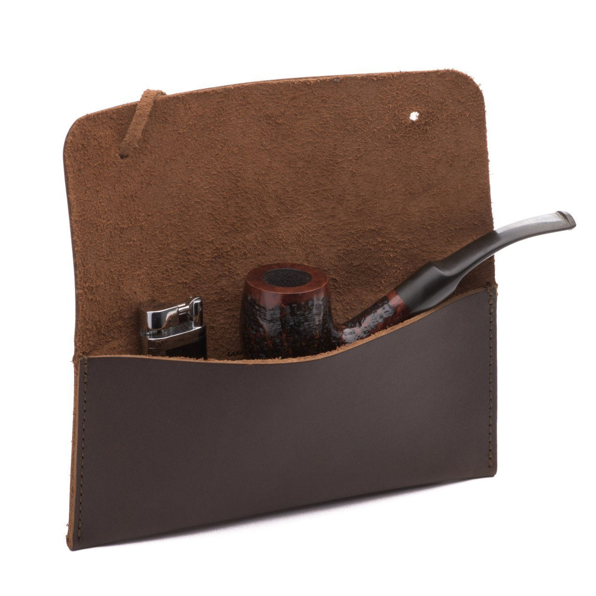Cash & Receipt Bag in Dark Coffee Brown, flap open with a tobacco pipe and lighter tucked inside