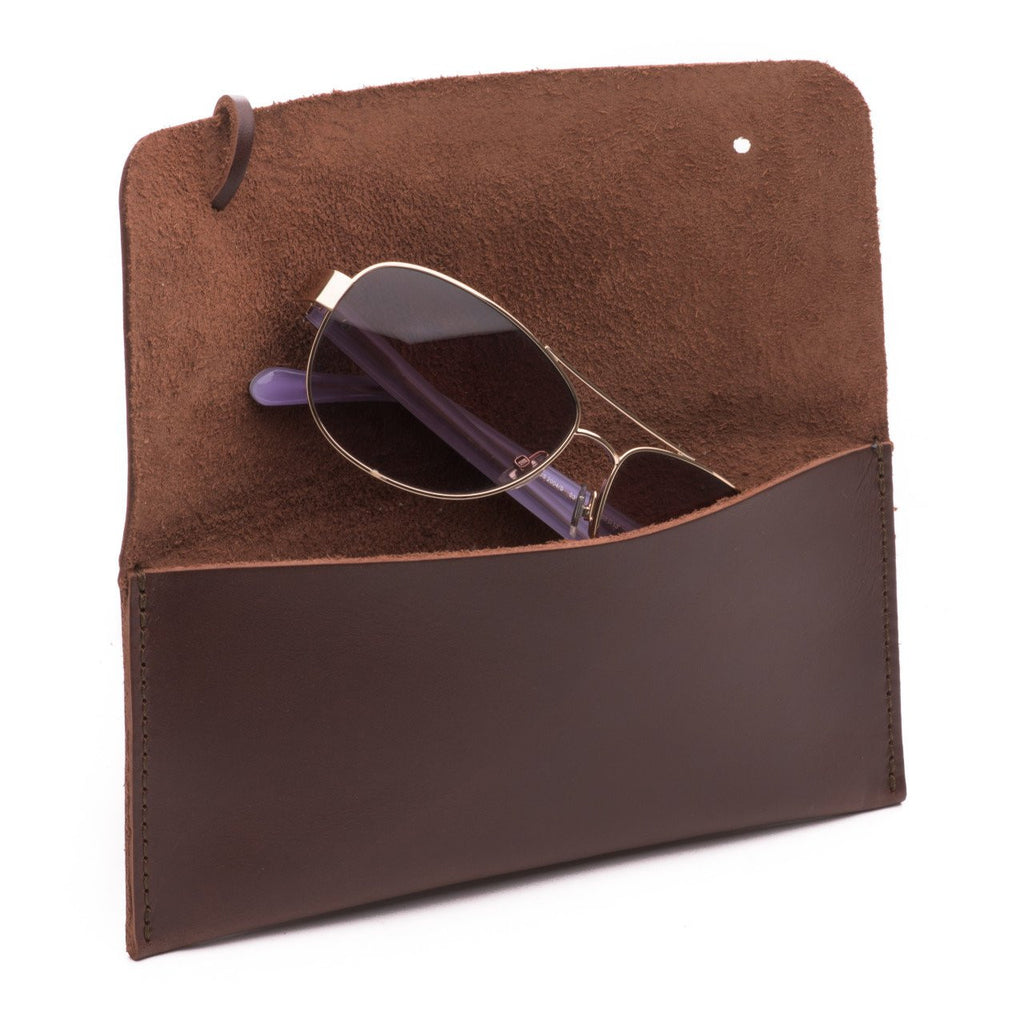 Cash & Receipt Bag in Chestnut, flap open with a pair of aviator sunglasses tucked inside