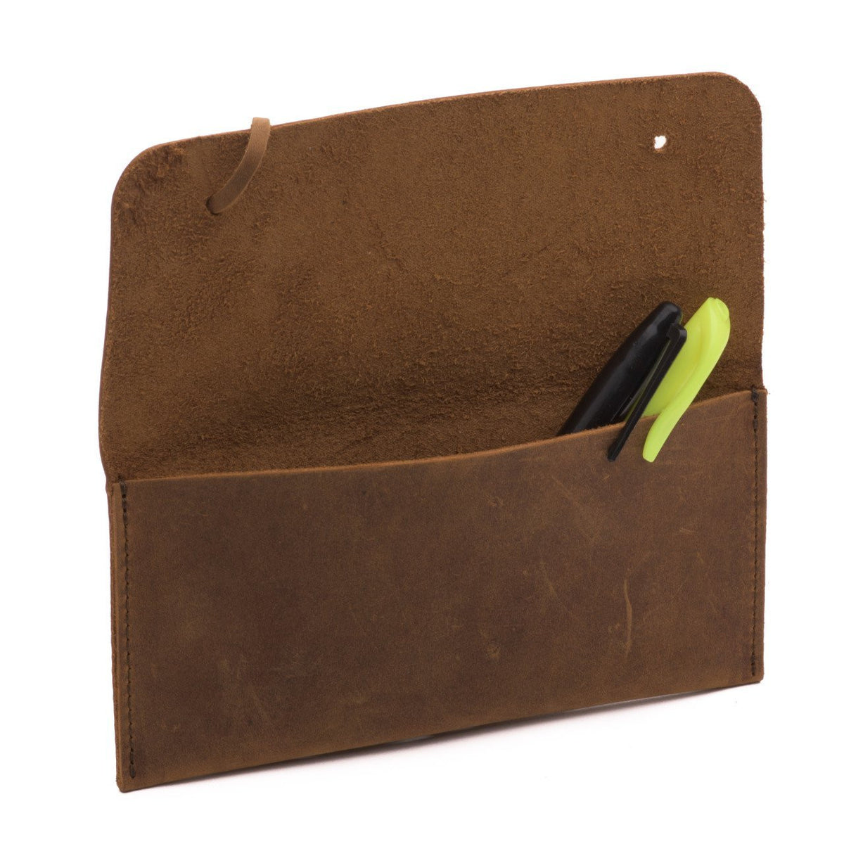 Cash & Receipt Bag in Tobacco, flap open showing two pens tucked inside the pocket