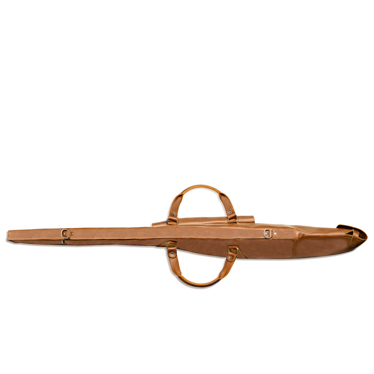 Shotgun Sleeve in Tobacco, top view showing the slim profile and both carry handles