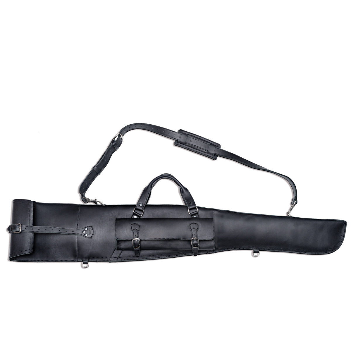 Shotgun Sleeve in Black, side view with buckled pocket, carry handle and shoulder strap