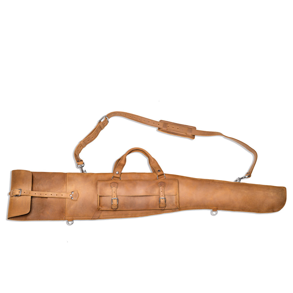 Shotgun Sleeve in Tobacco, side view with buckled pocket, carry handle and shoulder strap