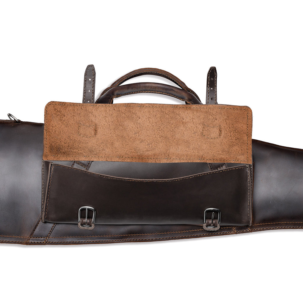 Shotgun Sleeve in Dark Coffee Brown, close-up of the front accessory pocket with flap open and buckle straps