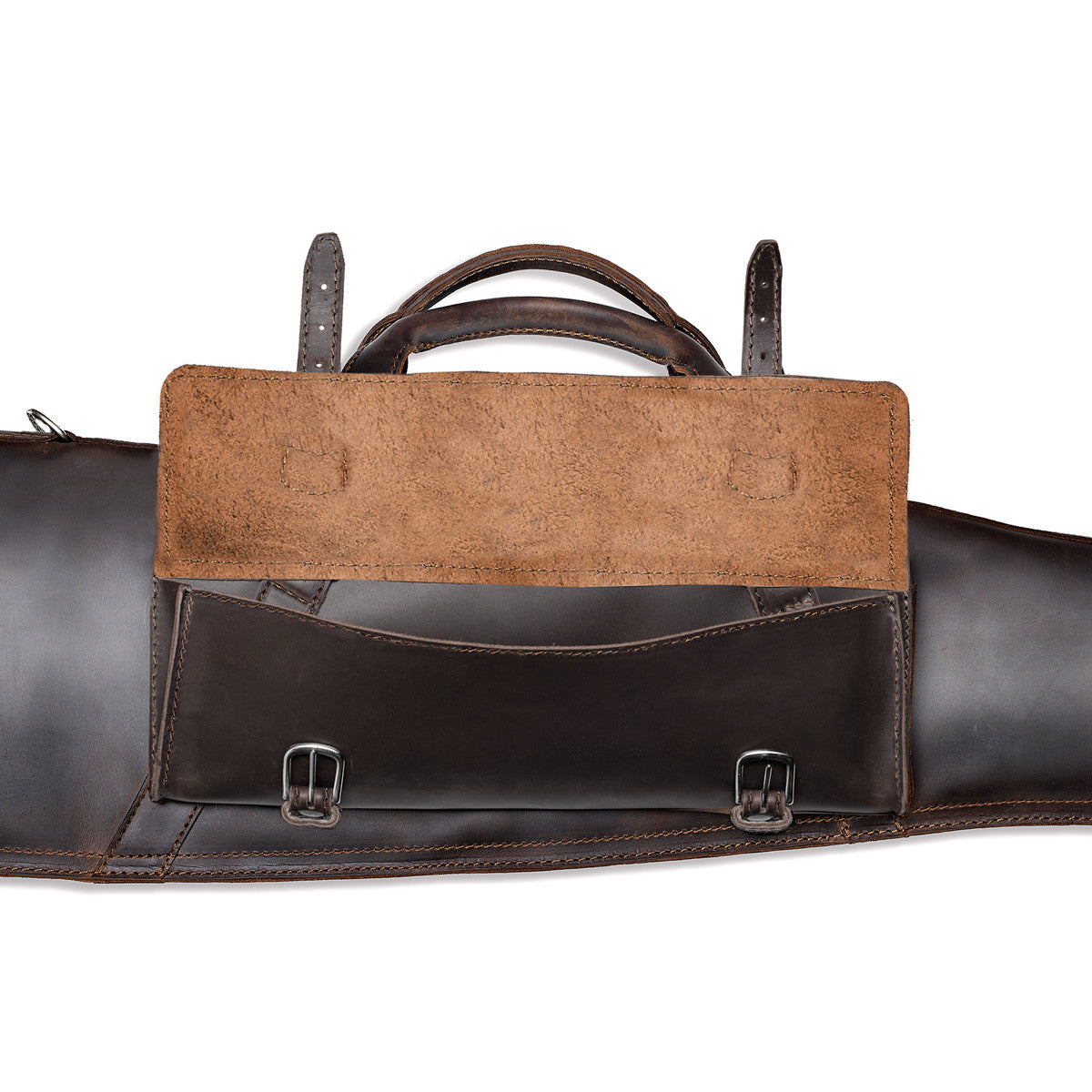 Shotgun Sleeve in Dark Coffee Brown, close-up of the front accessory pocket with flap open and buckle straps