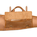 Shotgun Sleeve in Tobacco, close-up of the front accessory pocket with flap open and buckle straps