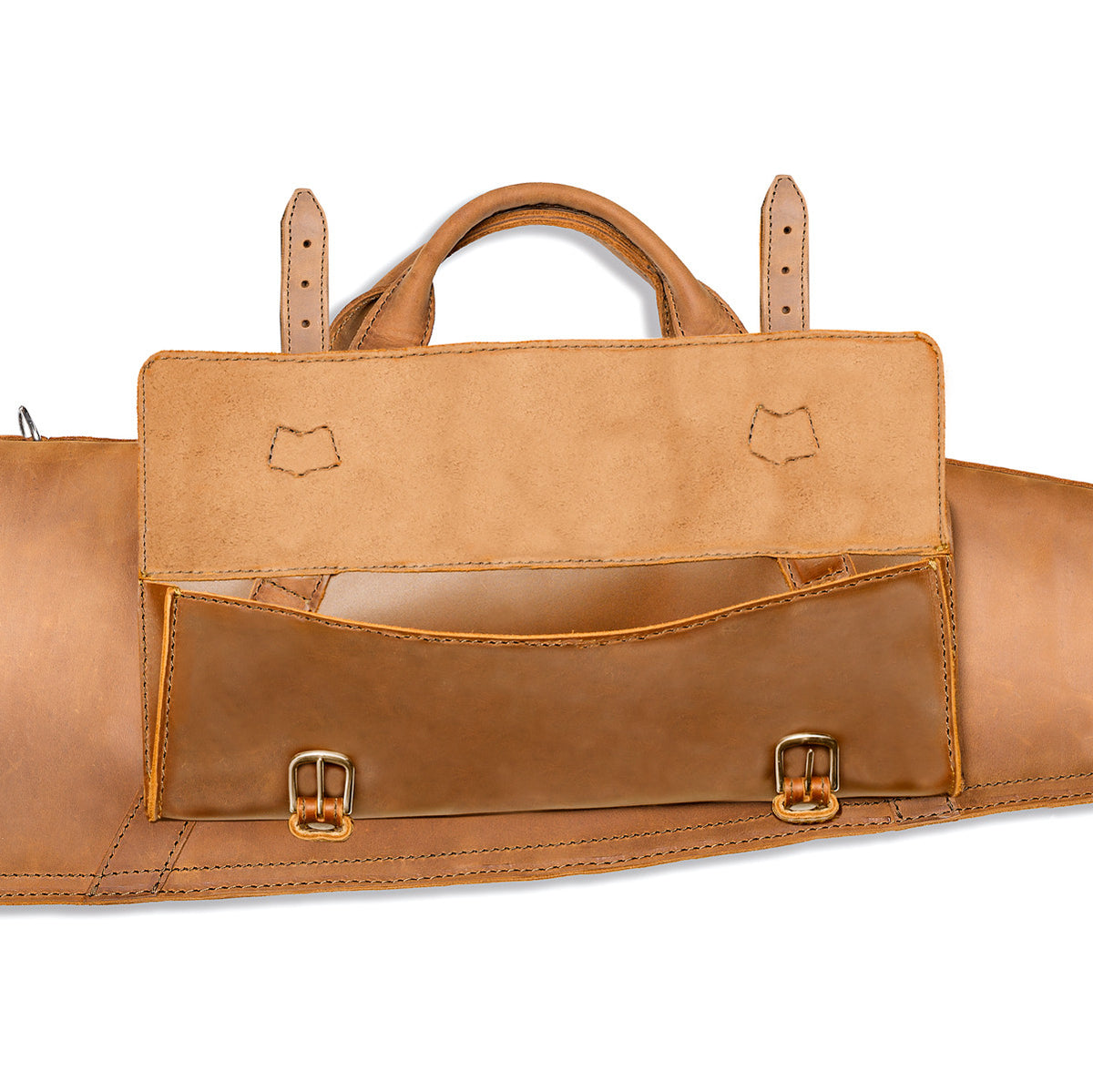 Shotgun Sleeve in Tobacco, close-up of the front accessory pocket with flap open and buckle straps