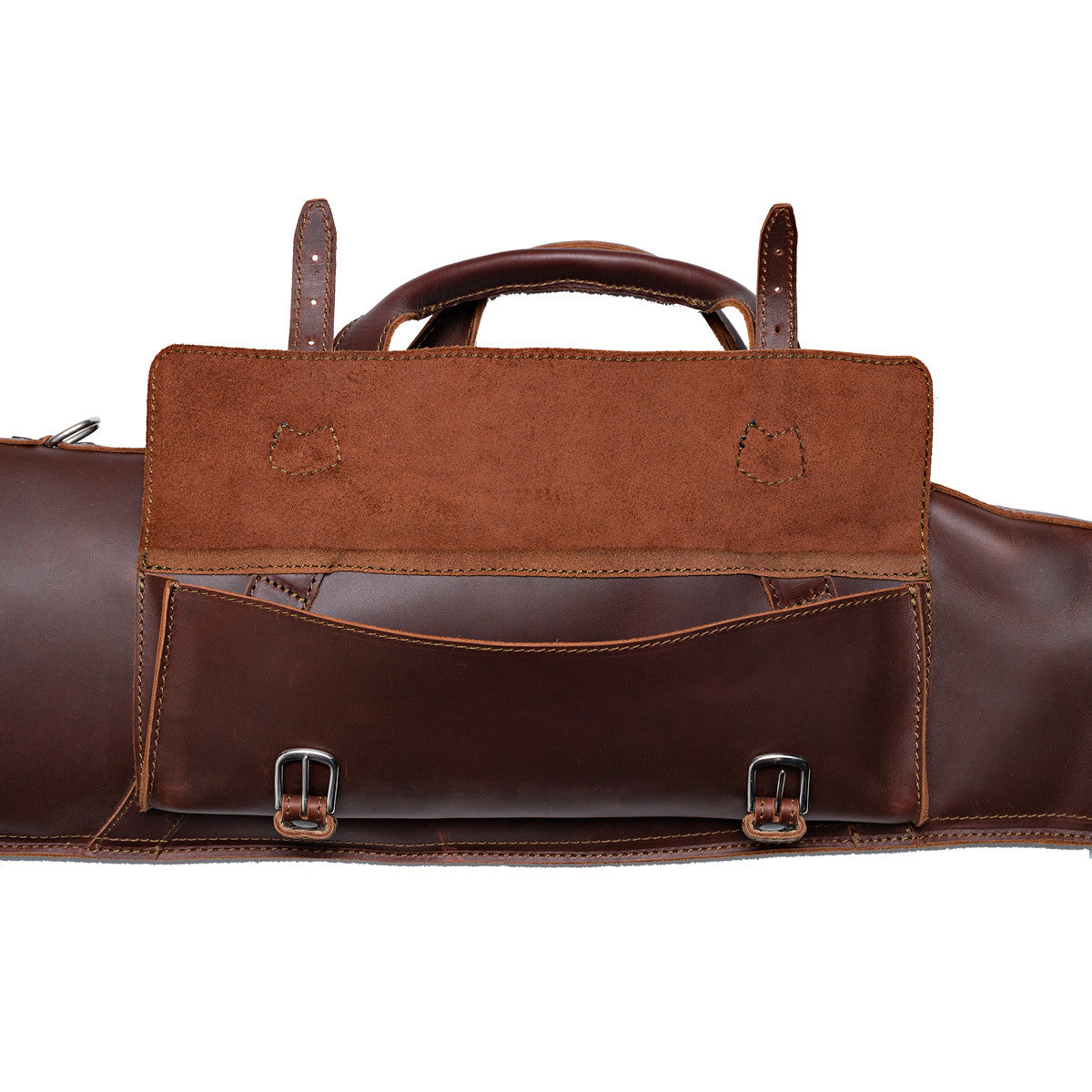 Shotgun Sleeve in Chestnut, close-up of the front accessory pocket with flap open and buckle straps