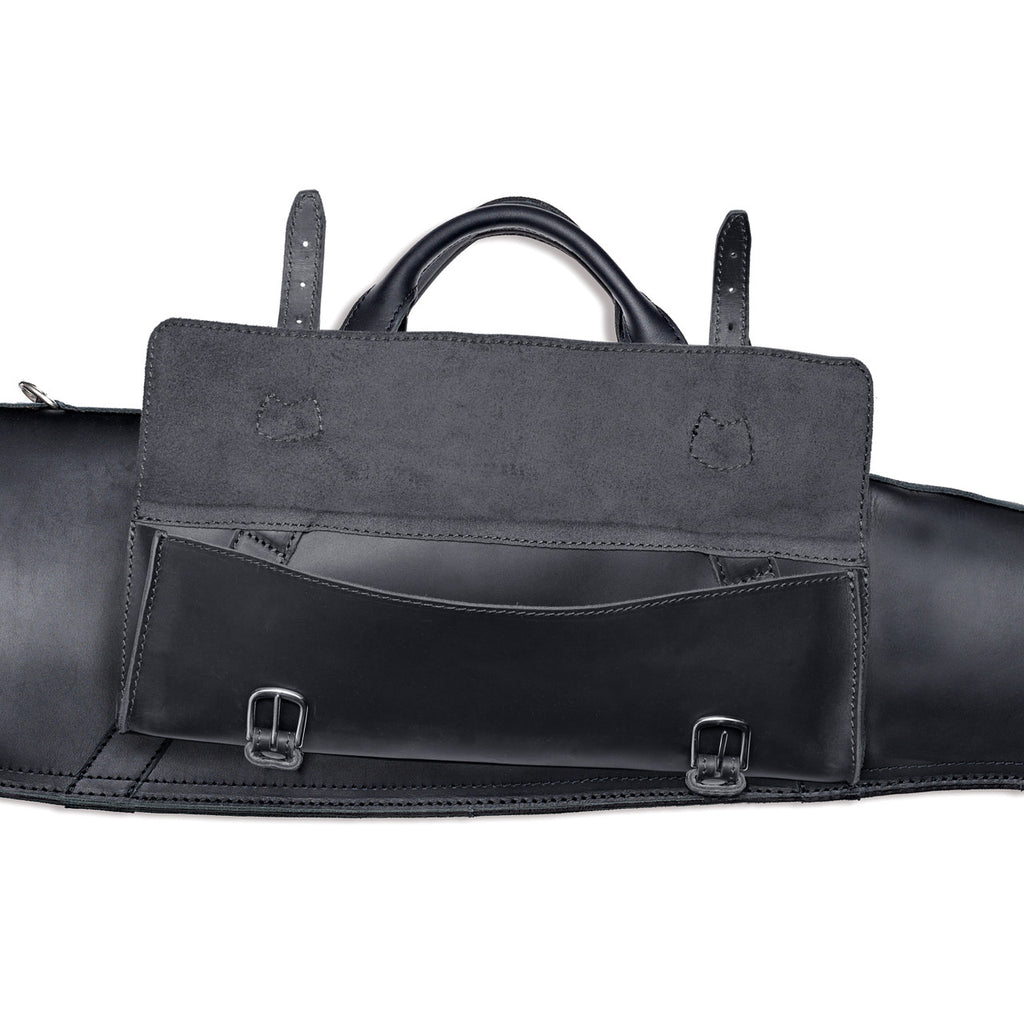 Shotgun Sleeve in Black, close-up of the front accessory pocket with flap open and buckle straps