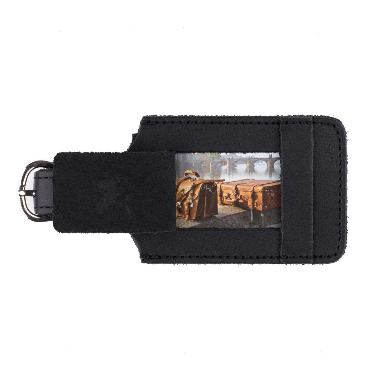 Leather Luggage Tag in Black with a photo card of leather luggage in the window and buckled strap, front view