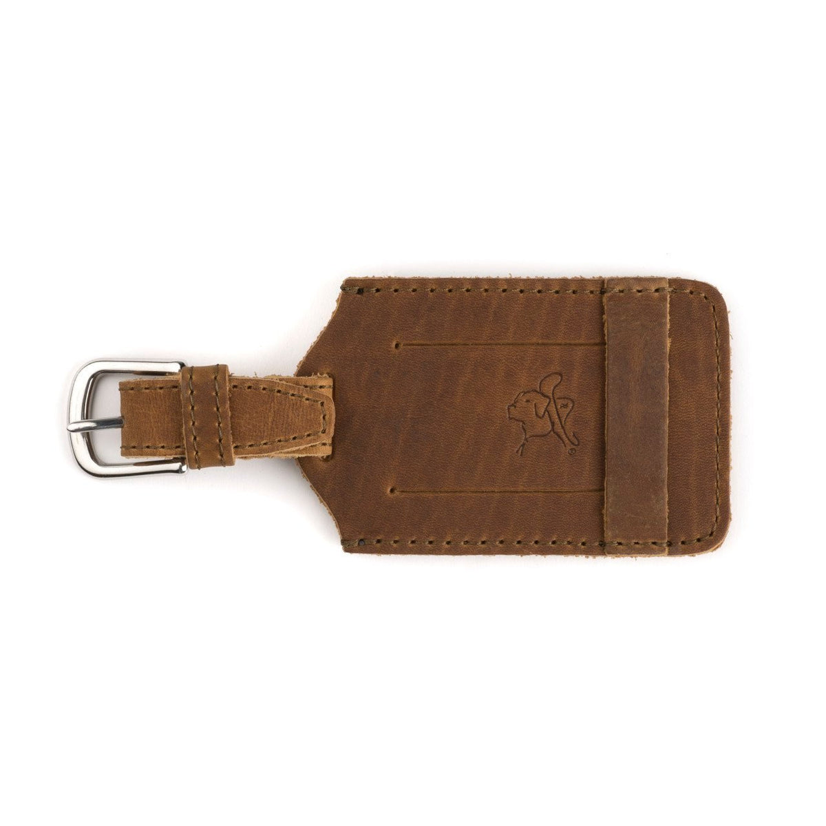 Leather Luggage Tag in Tobacco, back view with embossed tortoise and buckled strap