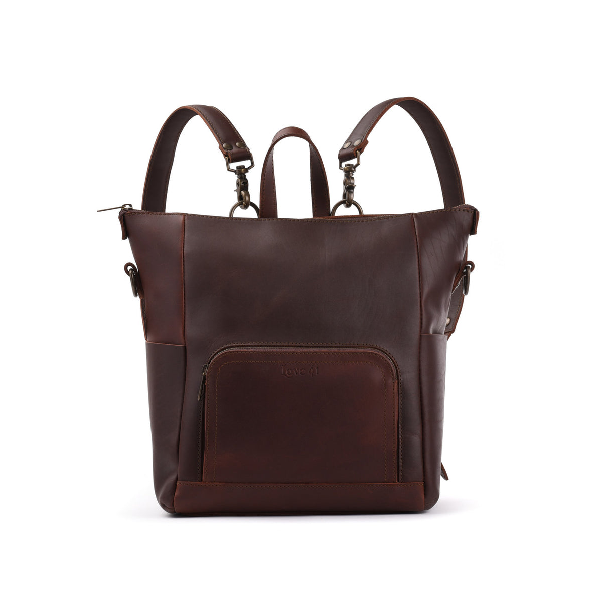 Universal Leather Backpack in Chestnut, angled front view with zippered pocket and straps clipped up
