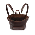 Universal Leather Backpack in Chestnut, unzipped top view showing interior zip pocket