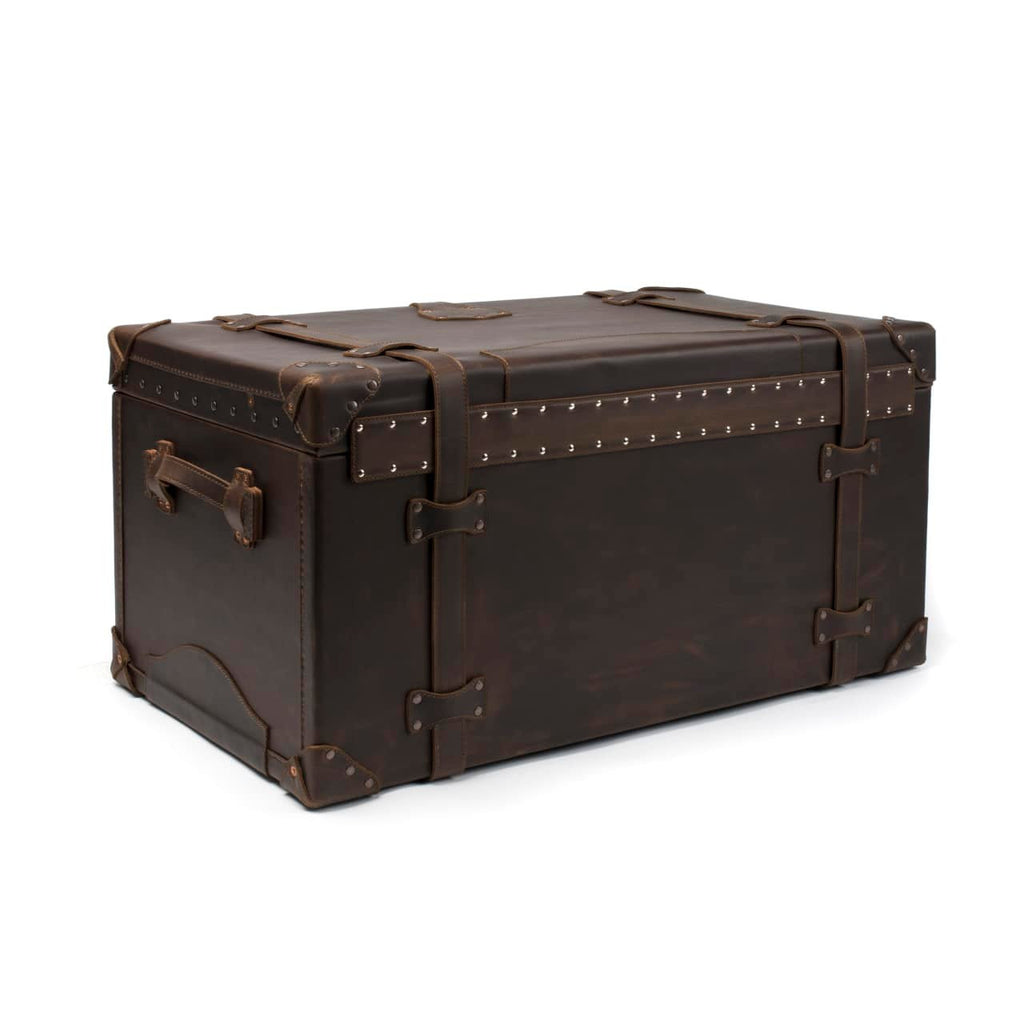 Leather Trunk in Dark Coffee Brown, closed angled back view with vertical straps, studded trim and side handle