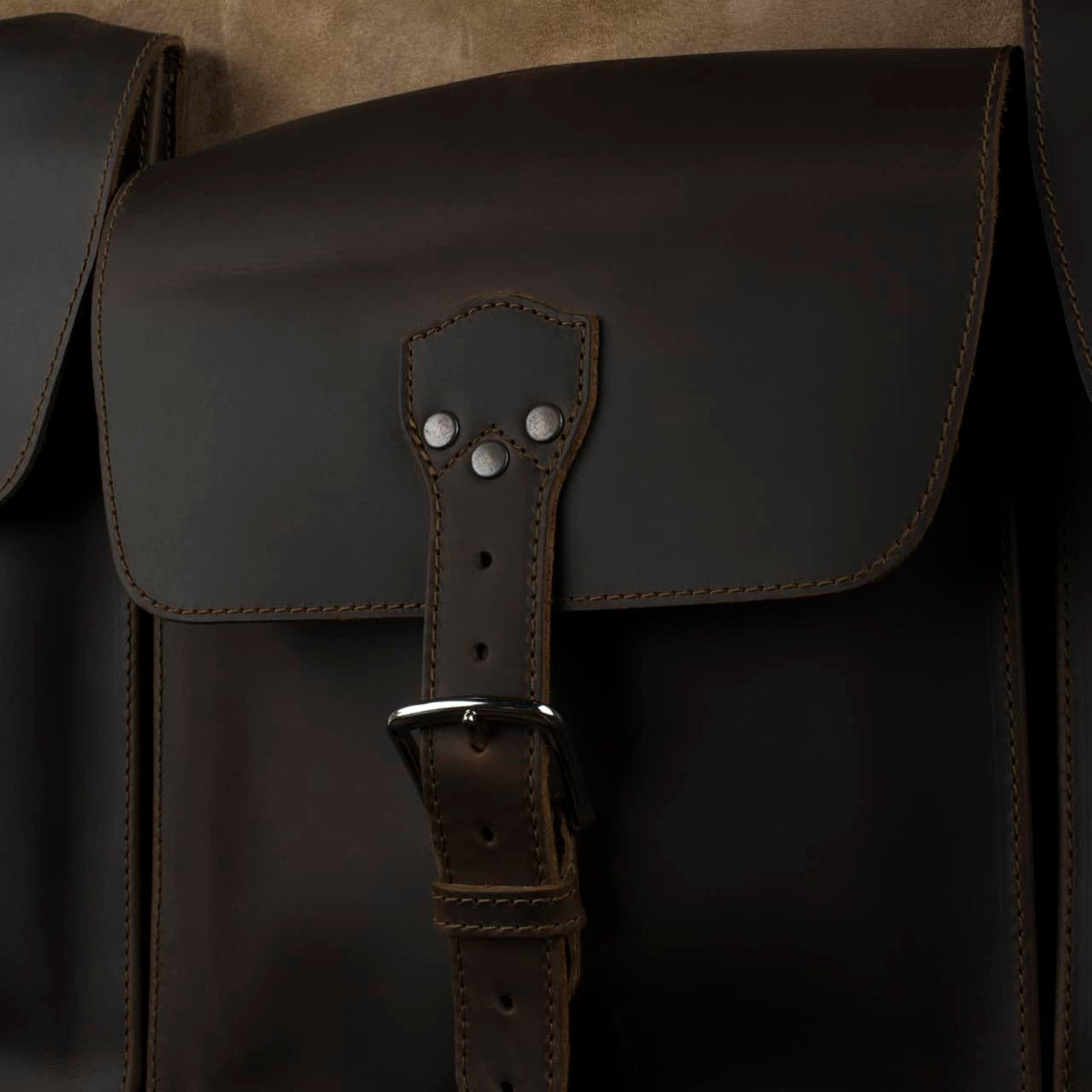Leather Trunk in Dark Coffee Brown, close-up of a buckled lid pocket with riveted strap