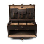 Leather Trunk in Dark Coffee Brown, fully open with lid pockets, divided top tray and empty drop-front drawer