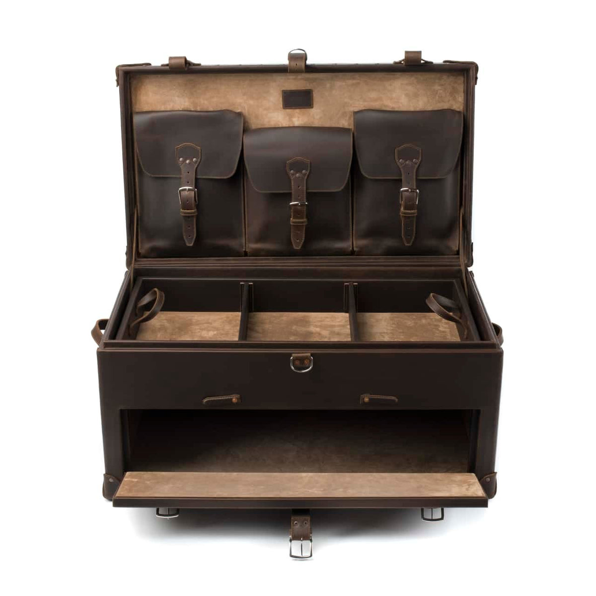 Leather Trunk in Dark Coffee Brown, fully open with lid pockets, divided top tray and empty drop-front drawer