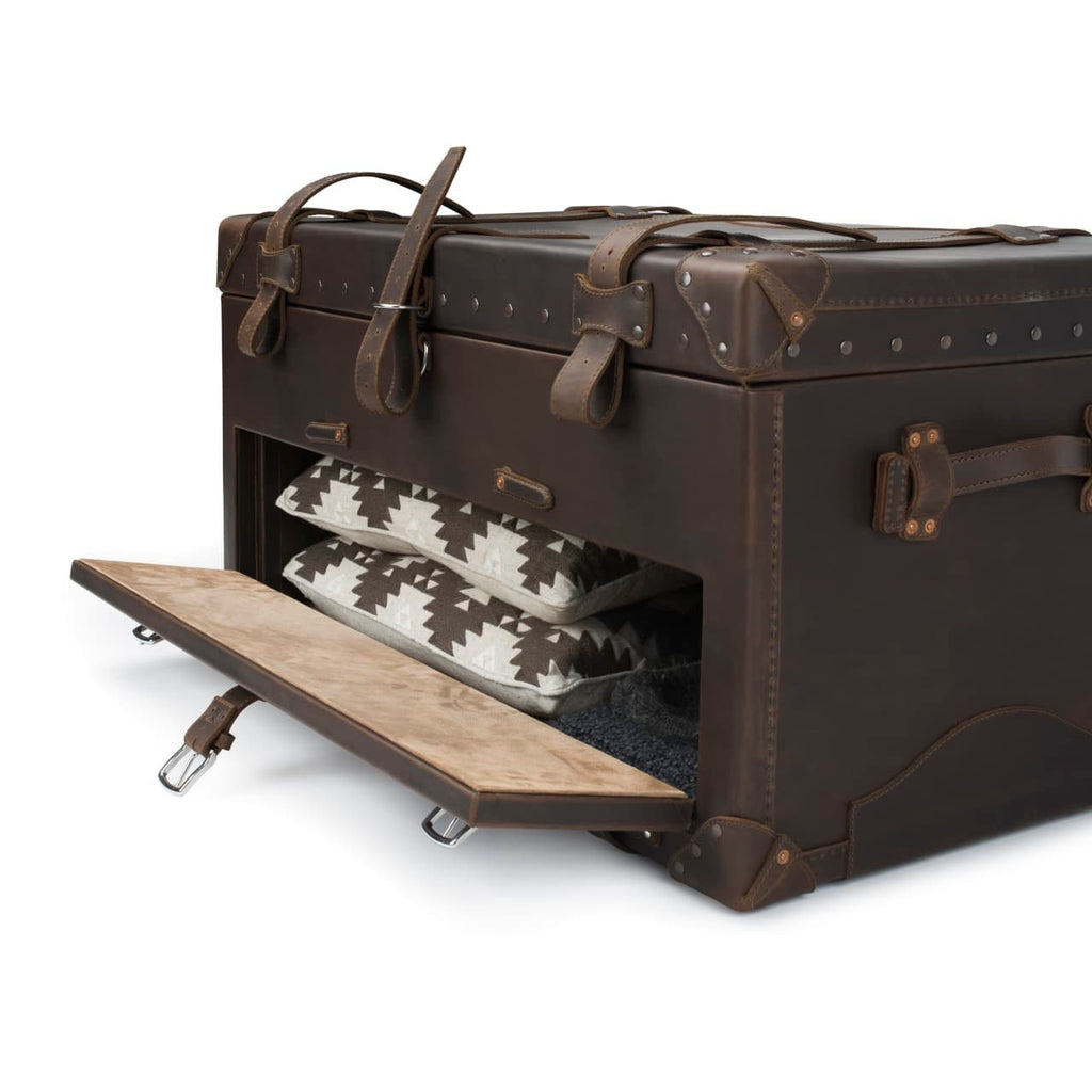 Leather Trunk in Dark Coffee Brown, angled view with drop-front drawer open to show folded patterned blankets