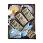 Leather Restoration Kit Chamberlain's Leather Milk, top-down of three bottles, sponges, tin and cloths
