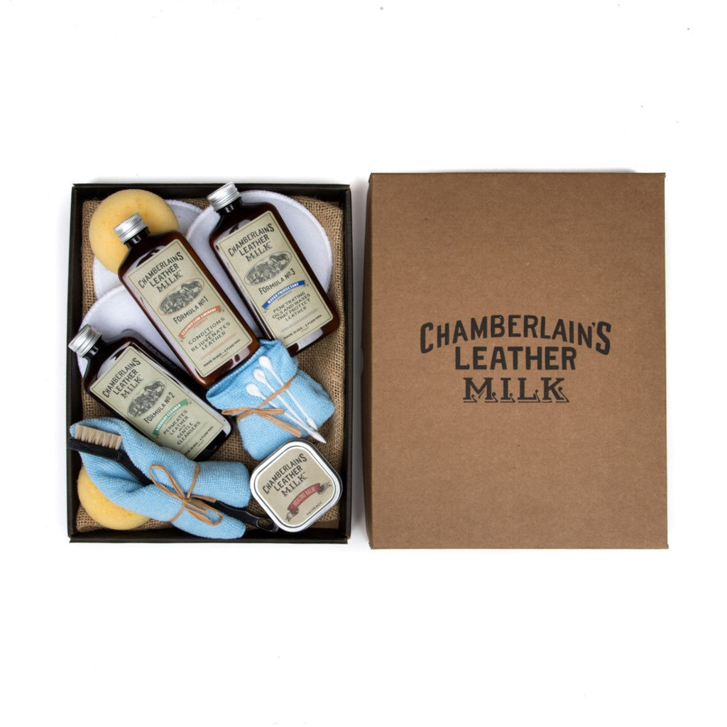 Leather Restoration Kit Chamberlain's Leather Milk, open box with conditioner bottles, brush and cloths