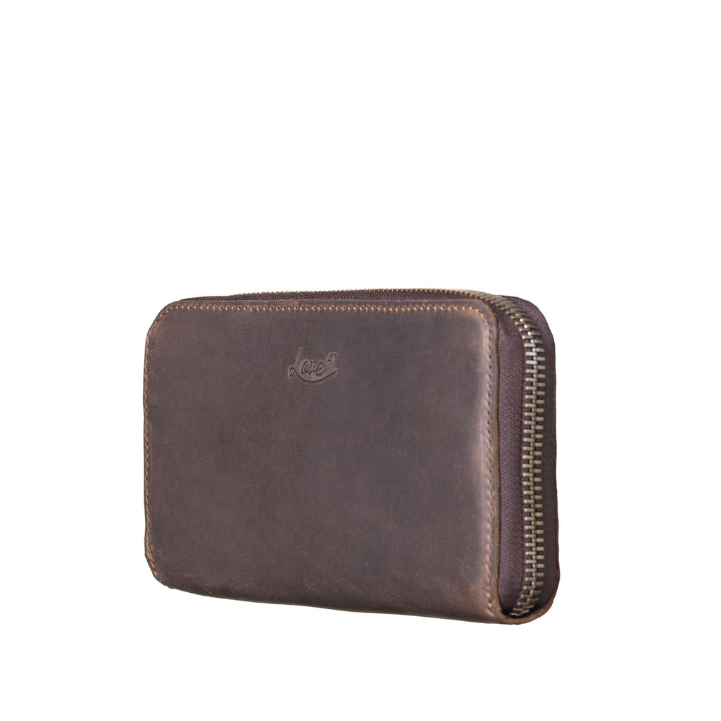 Continental Leather Wallet in Dark Coffee Brown, angled front view showing zipper edge