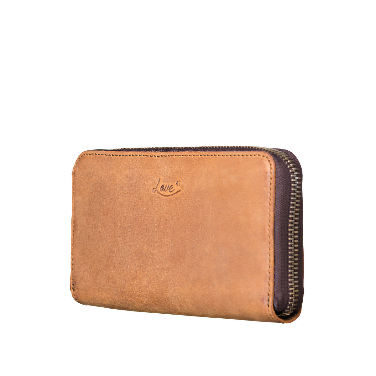 Continental Leather Wallet in Tobacco, angled front view showing zipper edge