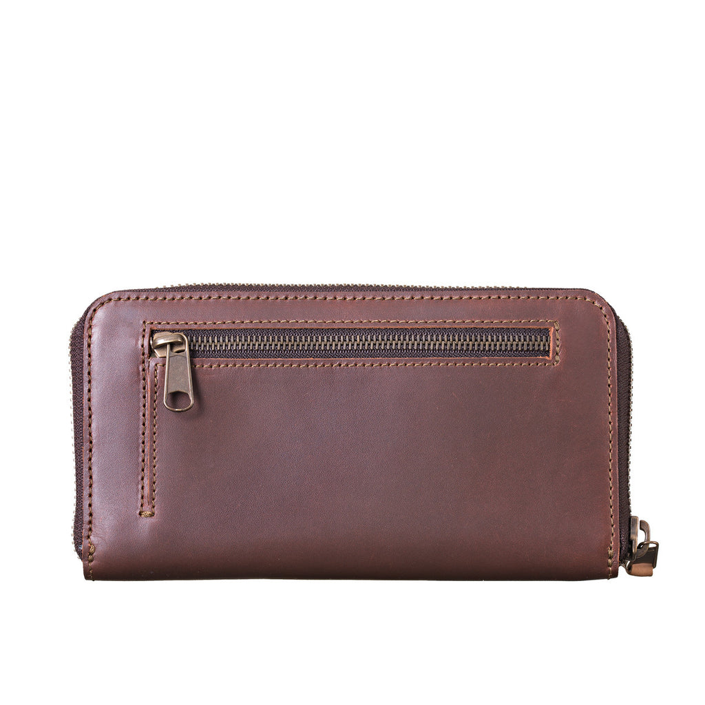 Continental Leather Wallet in Chestnut, back view with exterior zippered pocket