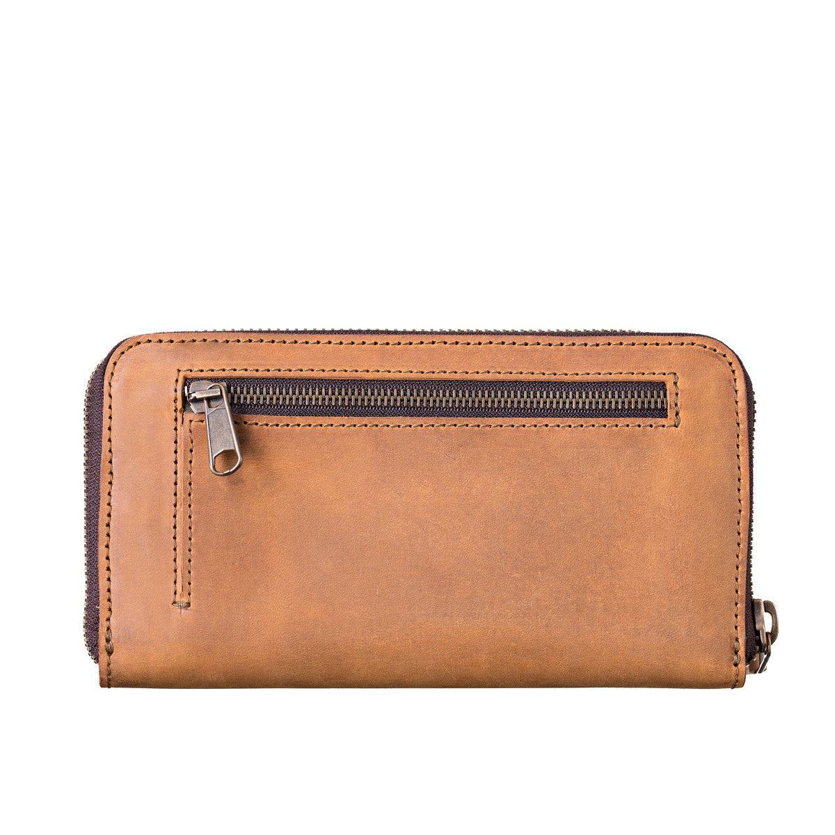Continental Leather Wallet in Tobacco, back view with exterior zippered pocket