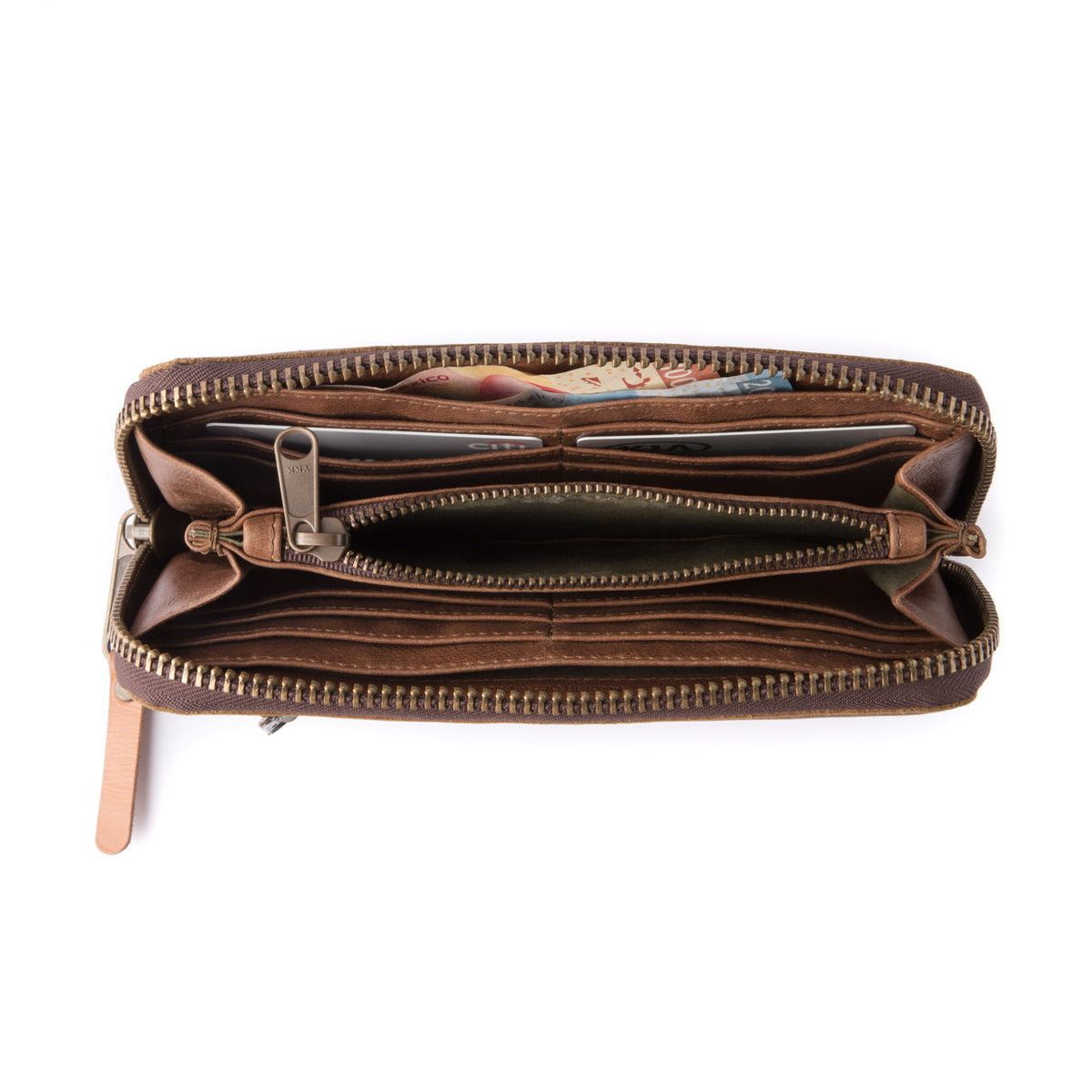 Continental Leather Wallet in Dark Coffee Brown, top-down view unzipped showing interior pockets