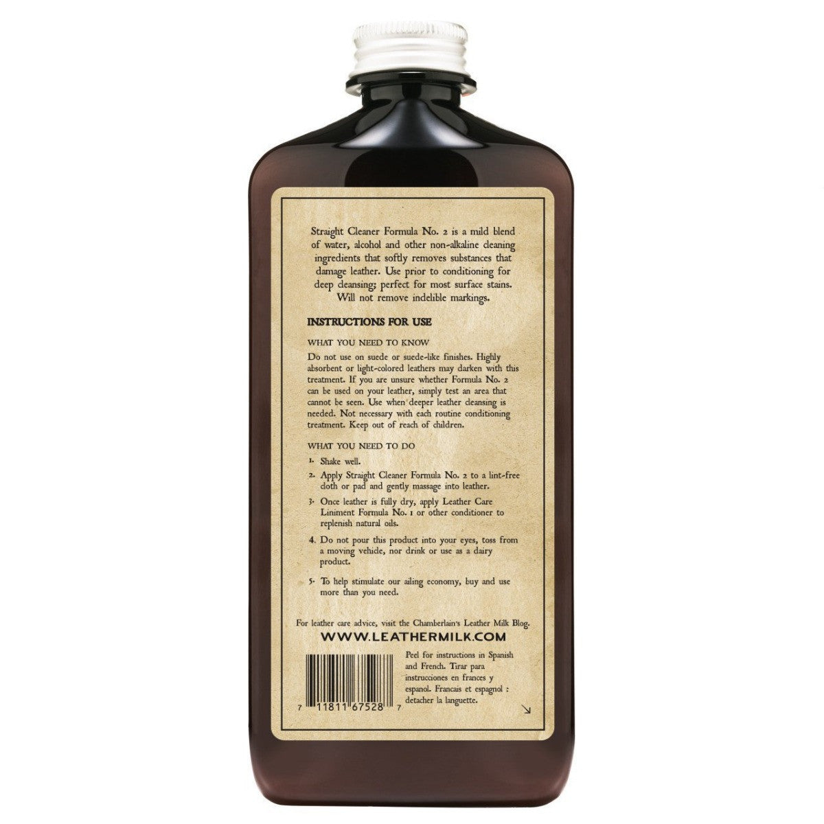 Chamberlain's No. 2 leather cleaner bottle, back label with instructions for use and barcode