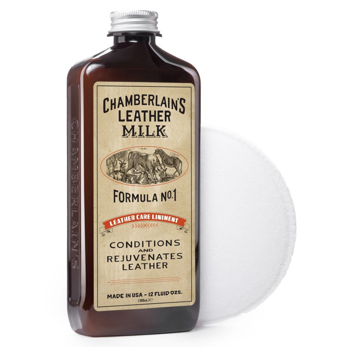 Chamberlain's Liniment No. 1 leather conditioner, 12 oz bottle with an applicator pad behind it