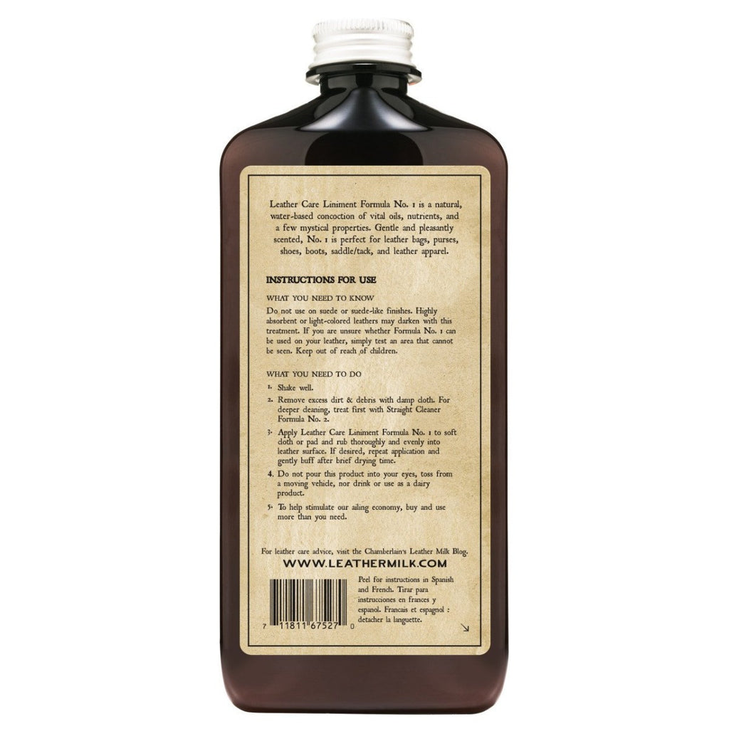 Chamberlain's Liniment No. 1 leather conditioner bottle, back label with instructions for use and barcode