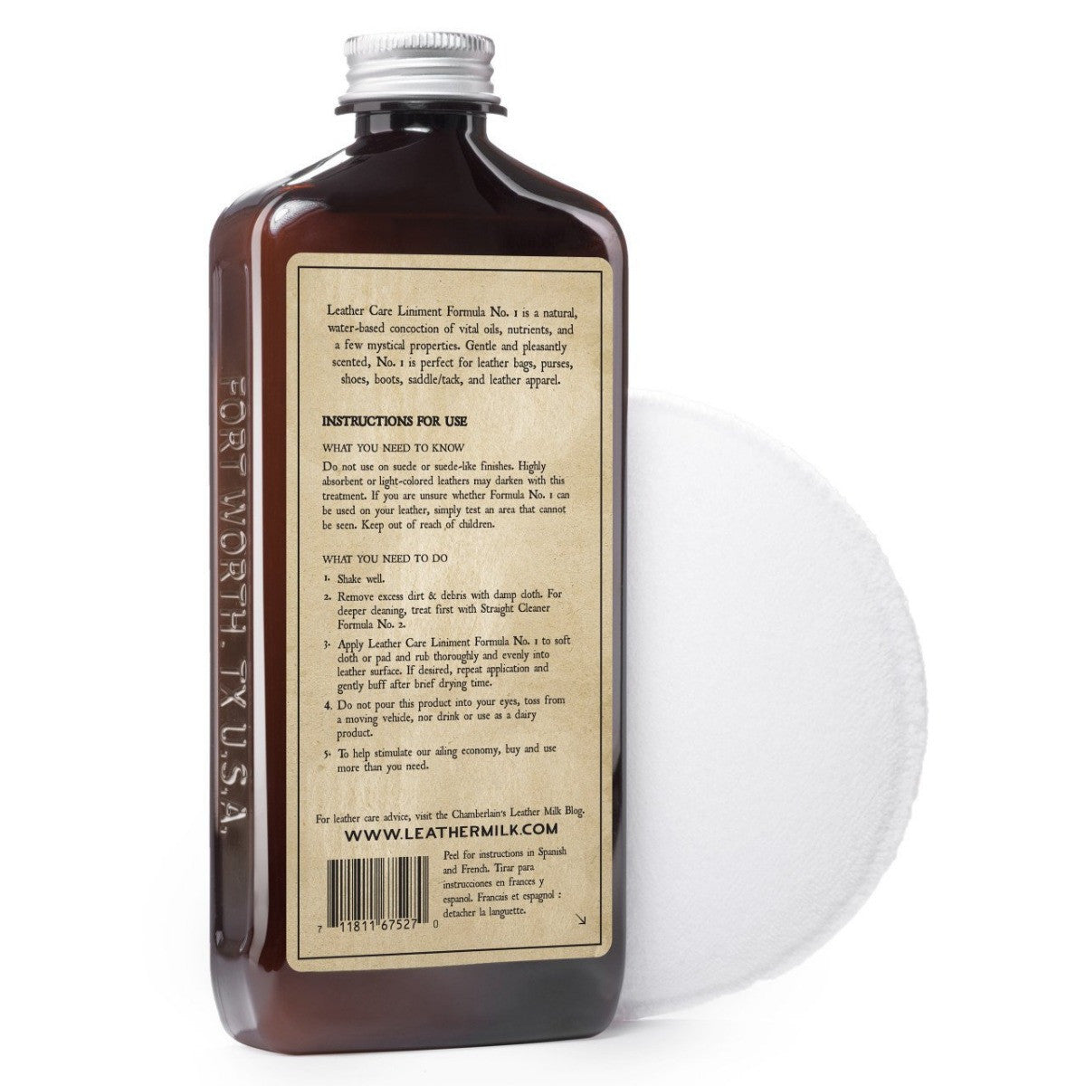 Chamberlain's Liniment No. 1 leather conditioner, angled back label view with an applicator pad behind