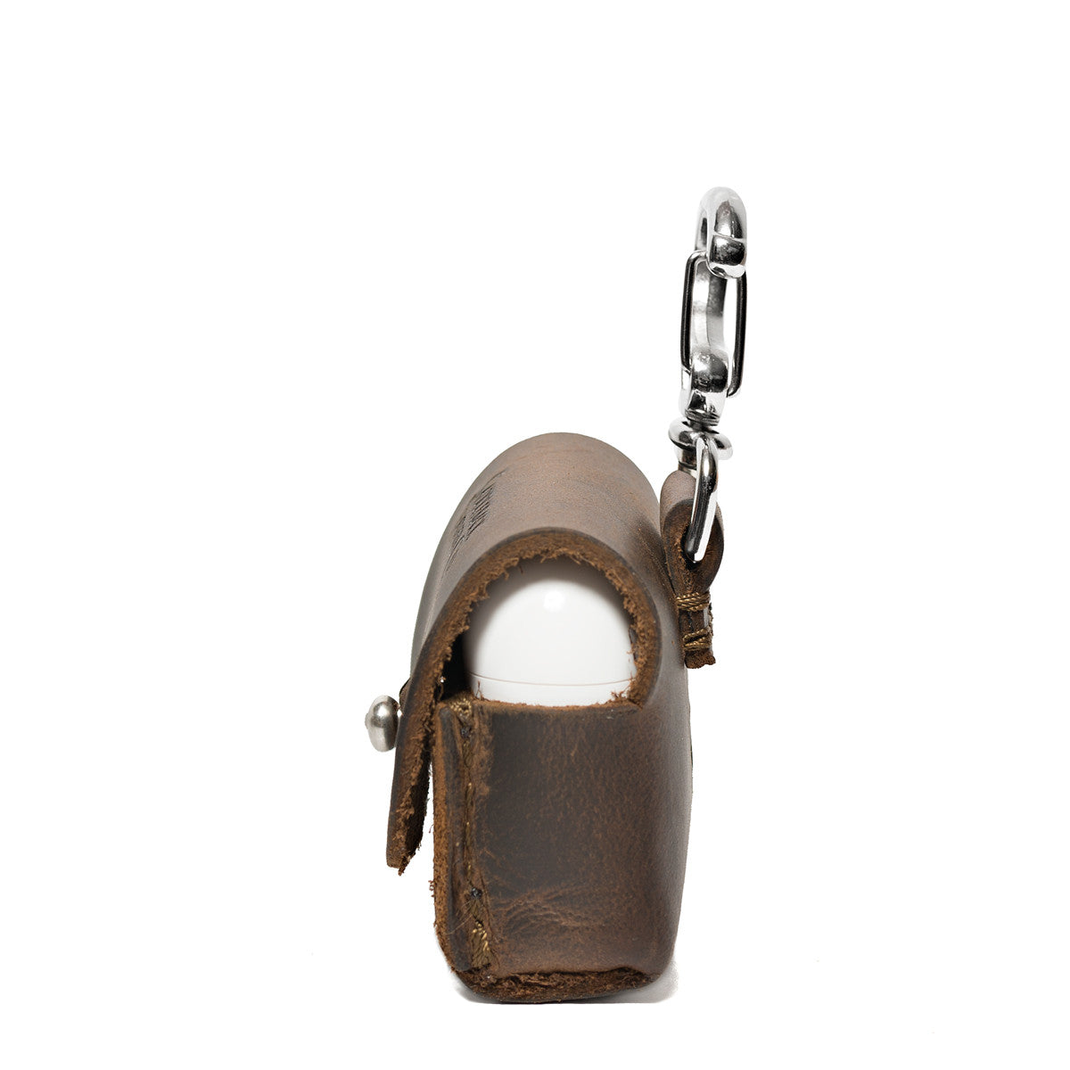 Leather AirPods Pro Case in Dark Coffee Brown, side view with flap closed over the charging case and carabiner clip