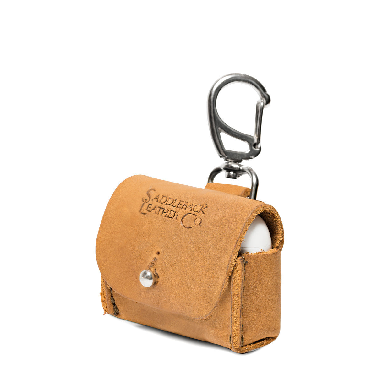 Leather AirPods Pro Case in Tobacco, angled front view with embossed logo, stud closure and carabiner clip