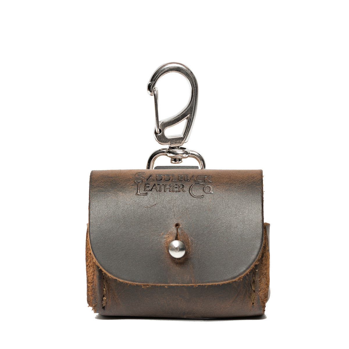 Leather AirPods Pro Case in Dark Coffee Brown, front view with embossed Saddleback logo, stud closure and carabiner clip
