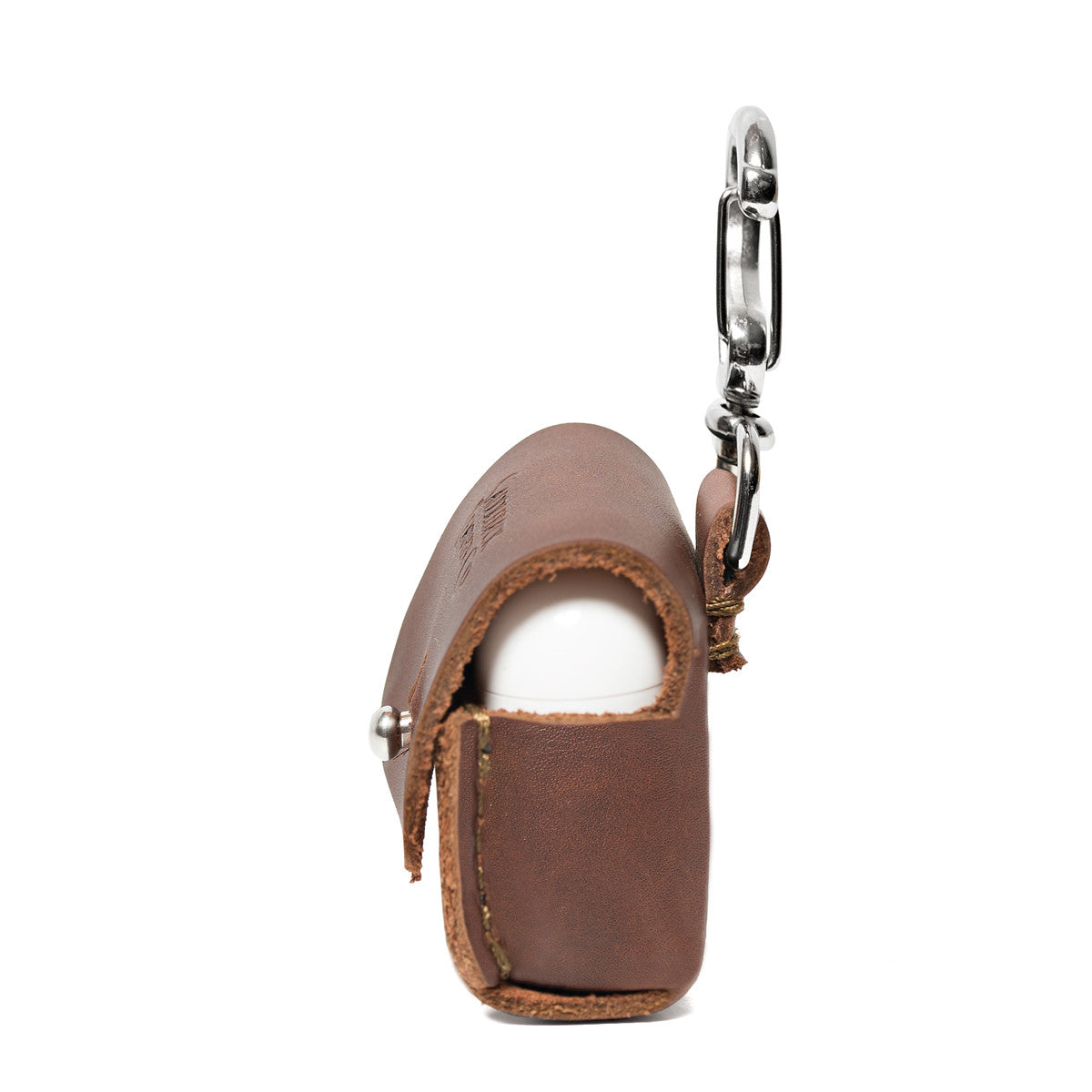 Leather AirPods Pro Case in Chestnut, side view with flap closed over the charging case and carabiner clip
