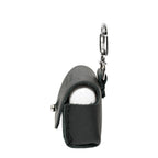 Leather AirPods Pro Case in Black, side view with flap closed over the charging case and carabiner clip