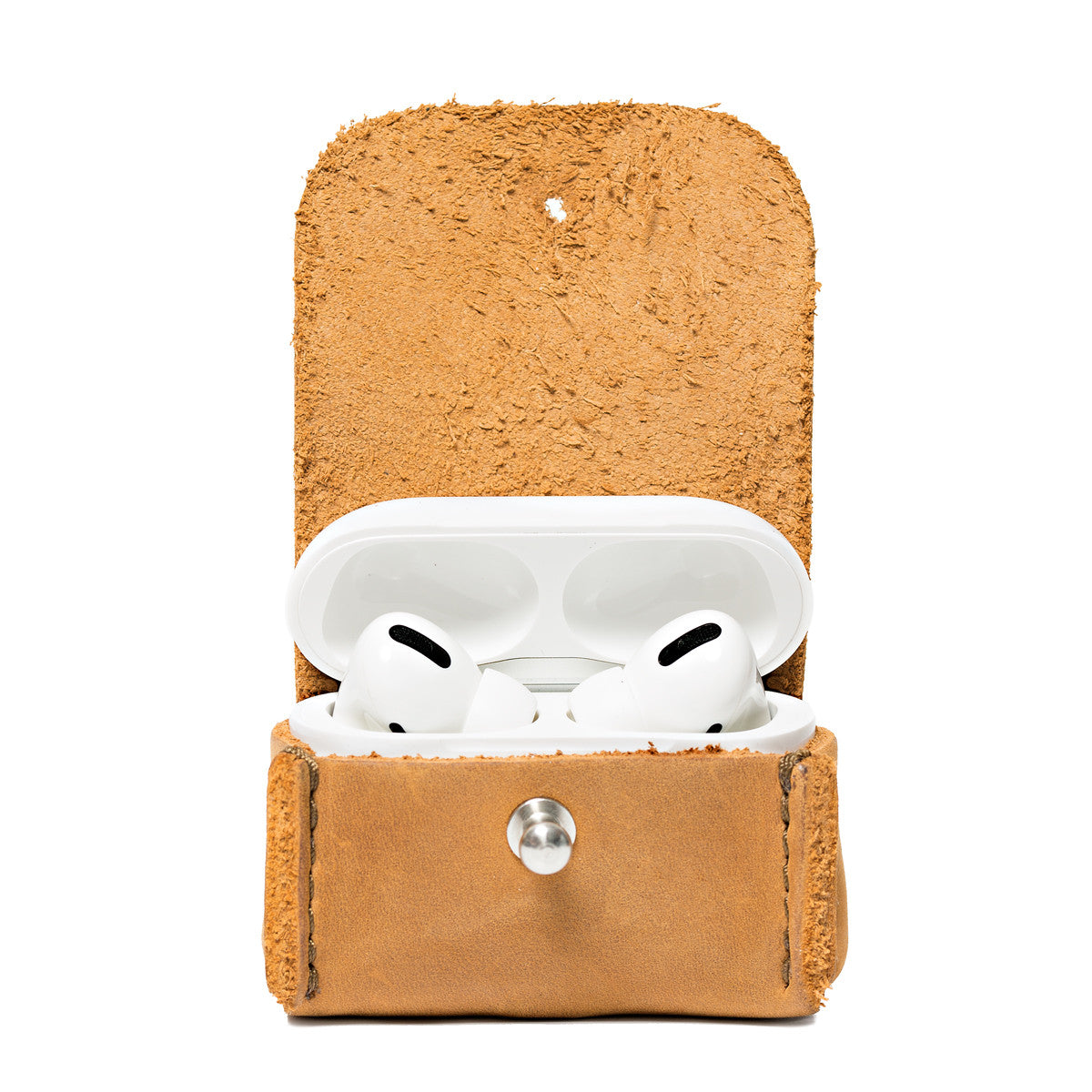 Leather AirPods Pro Case in Tobacco, open with the charging case lid up showing the earbuds inside