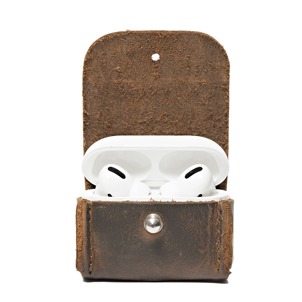 Leather AirPods Pro Case in Dark Coffee Brown, open with the charging case lid up showing the earbuds inside