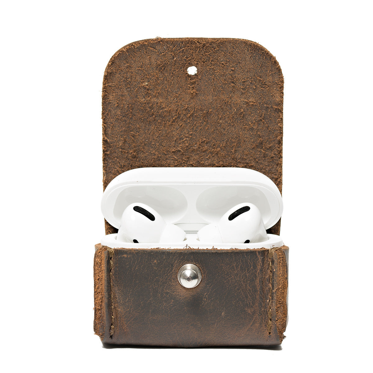 Leather AirPods Pro Case in Dark Coffee Brown, open with the charging case lid up showing the earbuds inside